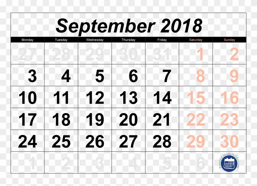 Printable September 2018 Calendar - Sept 2018 Transparent Calendar Png ...