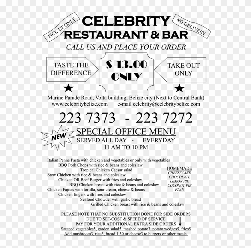 New Office Menu Cele - Celebrity Restaurant & Bar Belize City, HD Png