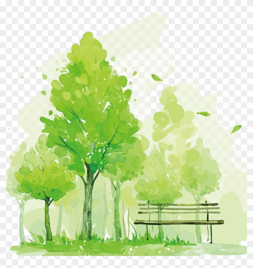 Ftestickers Watercolor Trees Park Bench Hd Png Download