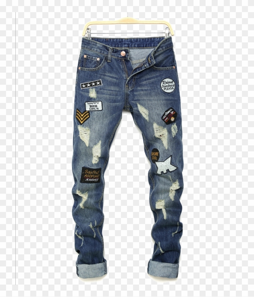 ripped jeans with checkered patches