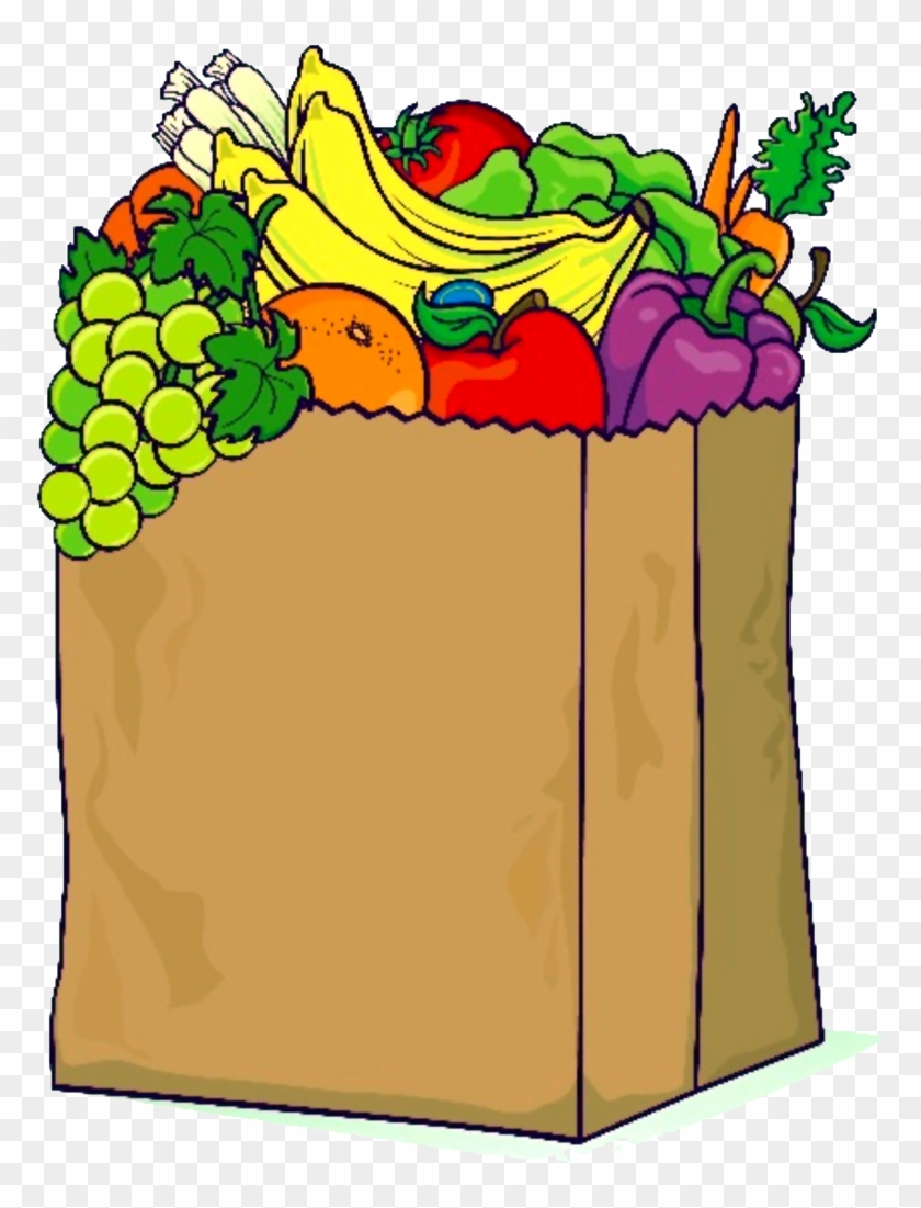 Cartoon image of brown paper sack filled with fruits and vegetables
