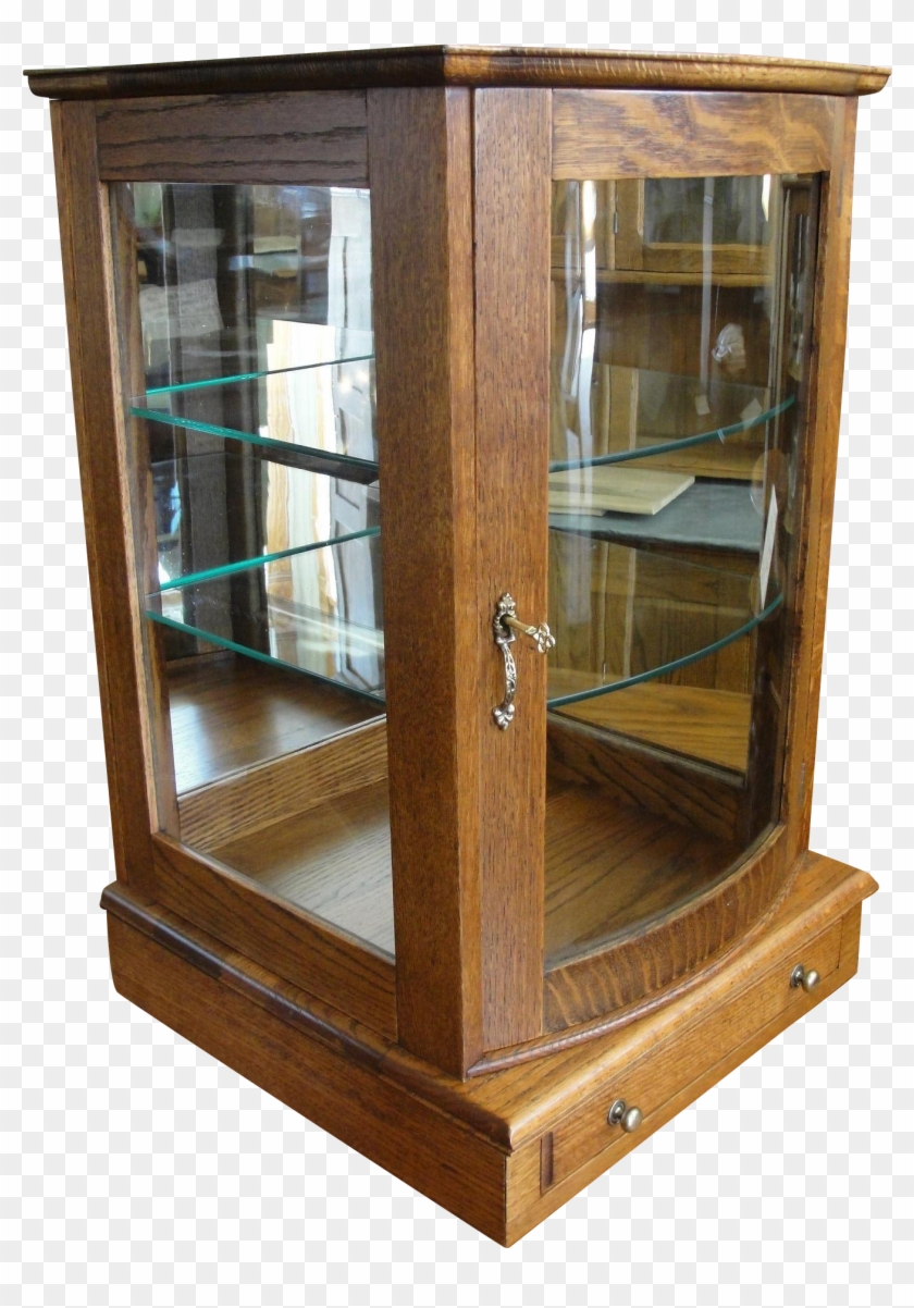 Small Oak Table Top Display Case With Curved Glass China Cabinet
