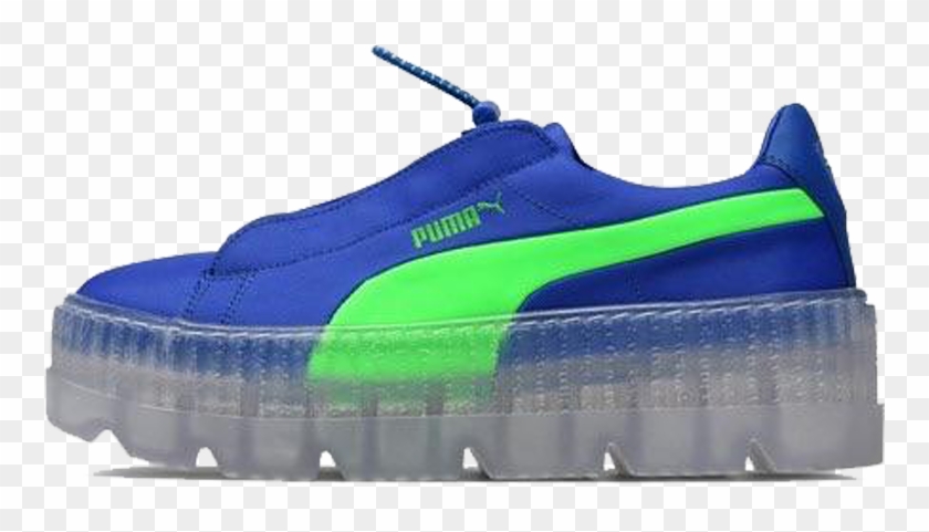 green and blue pumas with clear bottom