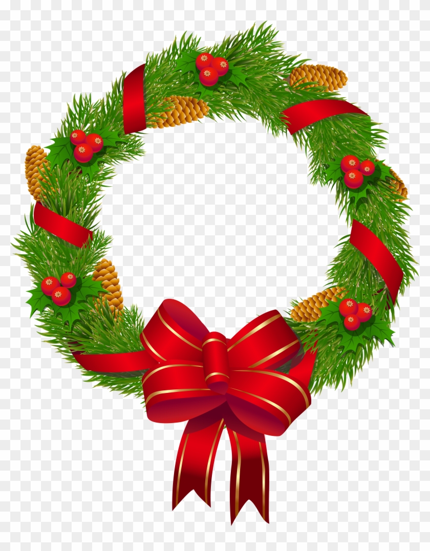 Christmas Wreath With Ornaments And Red Bow, HD Png Download ...