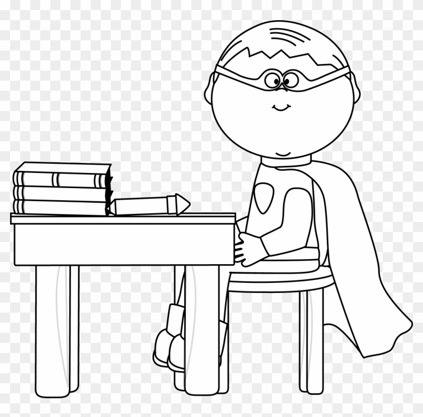 Black And White Boy Superhero At School Desk Superhero Kids