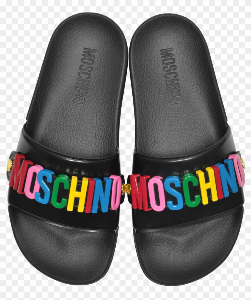 moschino multicolor logo pool sandals