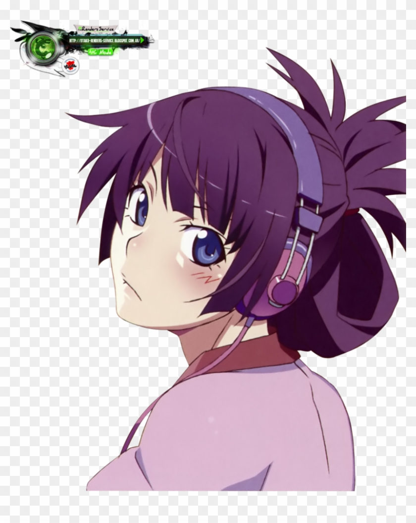 anime girl with purple hair and headphones