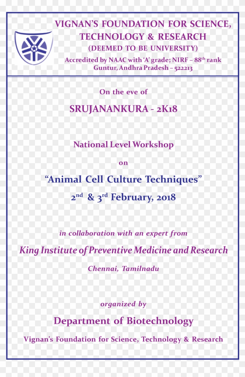 National Level Workshop On Animal Cell Culture Techniques - Vignan  University, HD Png Download - 1032x1481(#5864526) - PngFind