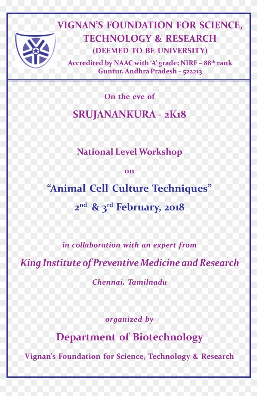 National Level Workshop On Animal Cell Culture Techniques - Vignan University, HD Png Download - 1032x1481(#5864526) - PngFind National Level Workshop On Animal Cell Culture Techniques - Vignan University, HD Png Download - 1032x1481(#5864526) - PngFind