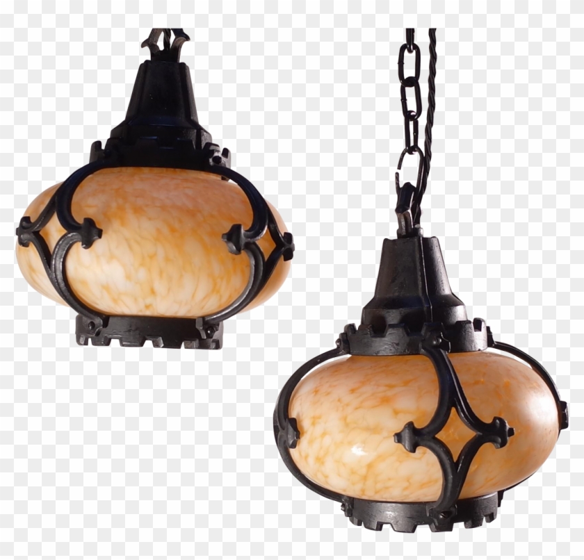 Pair Of Gothic Iron And Glass Pendant Lights Ceiling Fixture Hd Png 1332x1215 6317647 Pngfind - Gothic Ceiling Light Fittings