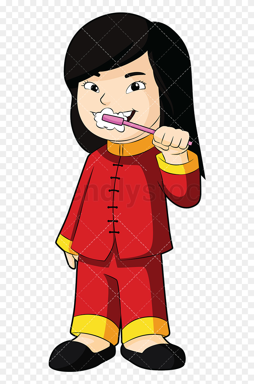 Brush Teeth Asian Girl Brushing Her Vector Cartoon - Asian Brush Teeth  Clipart, HD Png Download - 800x1200(#6754669) - PngFind