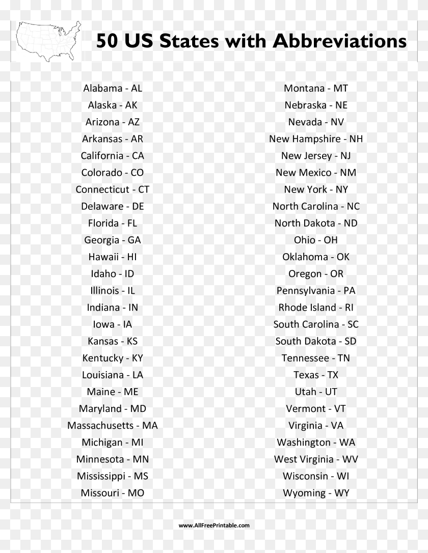 Printable List Of 50 States