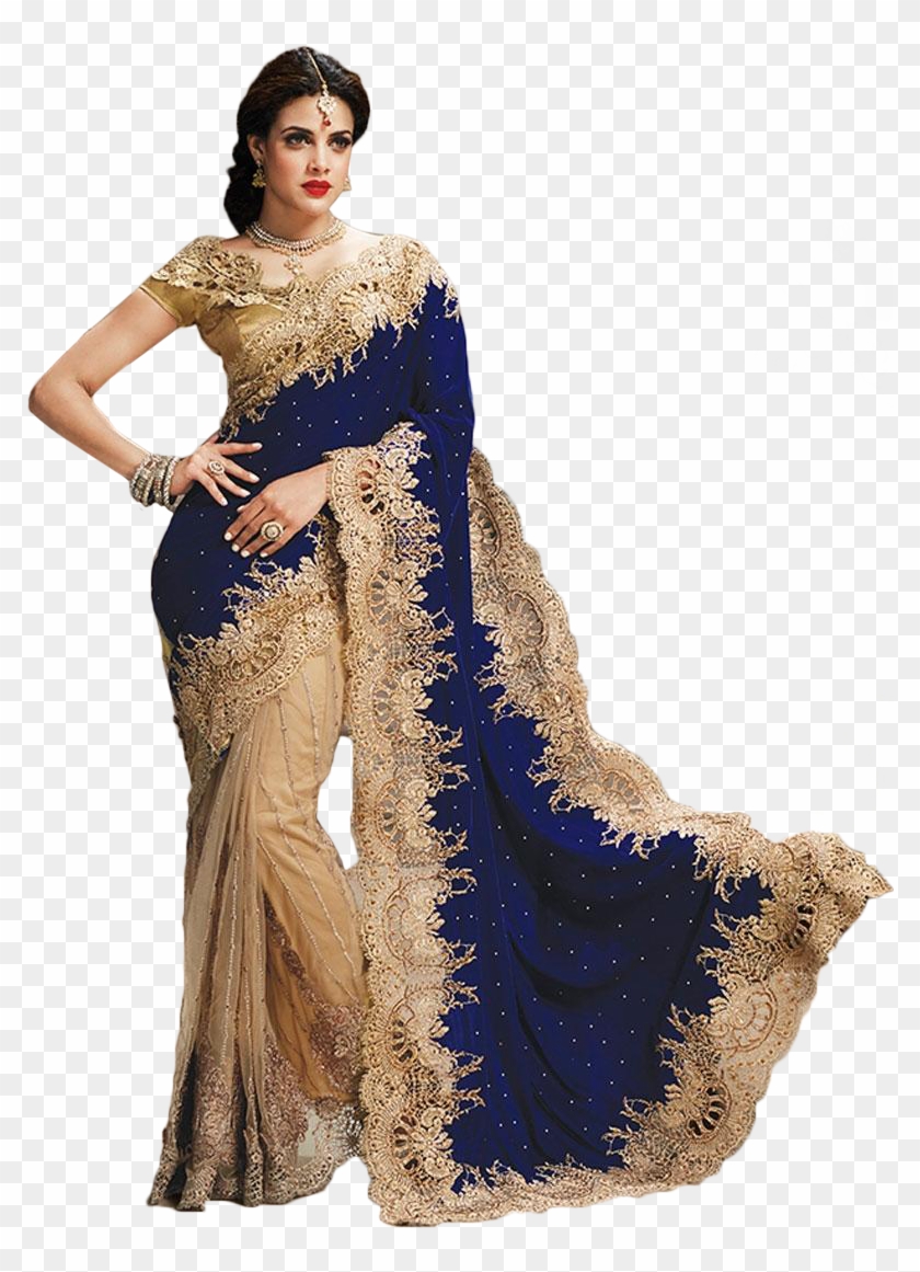 Sharda Sarees Blue And Red Designer Embroidered Saree - Model Saree Image Hd,  HD Png Download , Transparent Png Image - PNGitem
